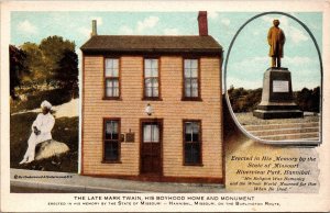 The Late Mark Twain His Boyhood Home & Monument Hannibal MO Postcard PC9