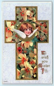 TO WISH YOU EASTER JOY ~ Embossed Cherub, Cross, Flowers c1910s   Postcard