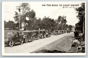 Camp Grant Illinois~Long Line of Autos on the Road~Vintage Cars~1917 WWI Era B&W