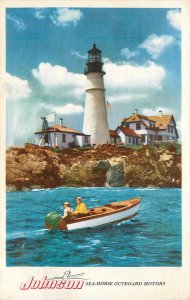 Postcard 1955 Johnson ouboard motor advertising Lighthouse 23-12757