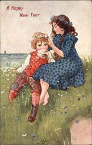 GA Novelty Art Series 478 Siblings Brother Sister Flower Crown c1910 Postcard