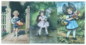Lot 3 lovely drawn children flowers greetings postcards 1930-1940 