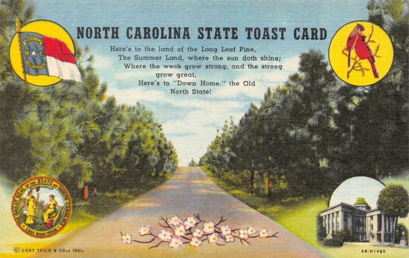 NC,  NORTH CAROLINA STATE TOAST CARD  Flag~Bird  c1940's Curteich Linen Postcard