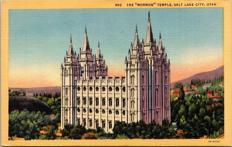 Mormon Temple Salt Lake City Utah Scenic Religious Skyline Linen WOB Postcard