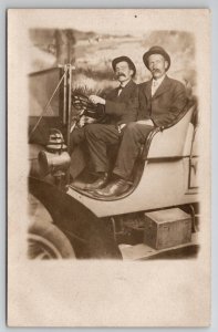 RPPC Two Men Big Mustache Cigar Automobile Studio Souvenir Photo Postcard L23