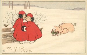 C-1910 Artist impression Children & Pig Postcard 22-11287