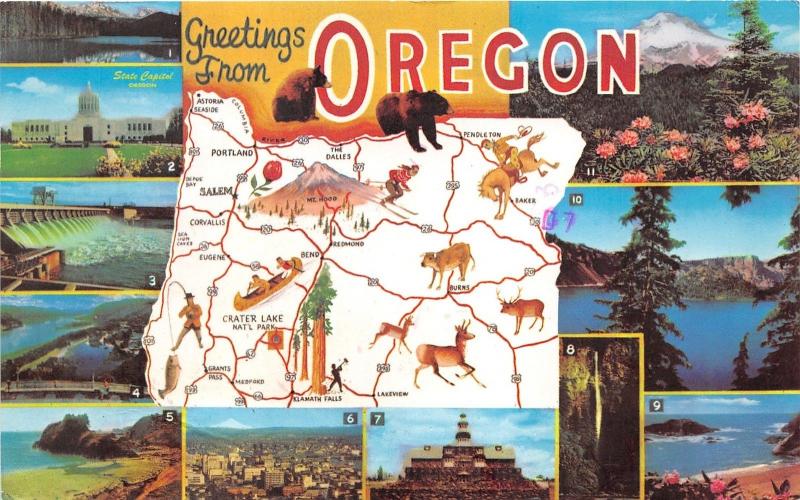 Oregon State Map Postcard~11 Scenes w Info on Back~Seacoast-Crater Lake-Mt Hood