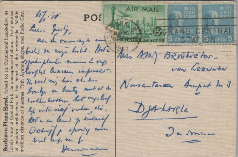 USA Barbizon Plaza Overlooking Central Park New York City Postcard 01.41 