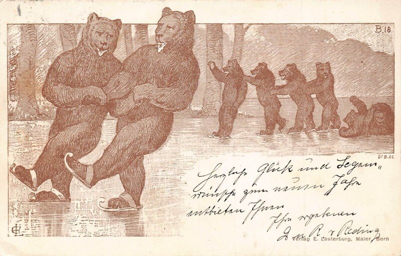 L410 Switzerland 1909 humanized bears skating comic vintage postcard