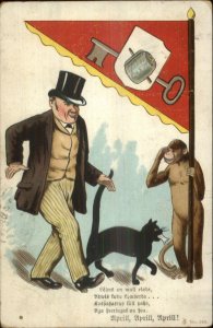 Estonian Comic & Poem Fantasy Monkey Flag Man & Cat Drunk? Beer? Postcard G19