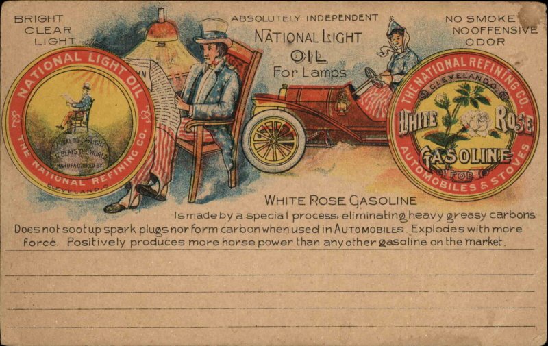 National Light Oil Uncle Sam woman Driving Car White Rose Gas Postcard