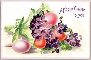 A Happy Easter To You Puprle Flowers & Eggs Bouquet Greetings Postcard