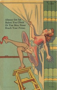 Postcard 1940s Sexy woman on falling ladder prime humor linen interior 23-11696