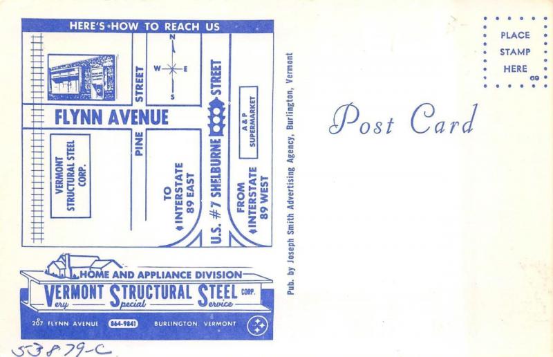 VT, Burlington VERMONT STRUCTURAL STEEL~Appliances ADVERTISING Back Map Postcard