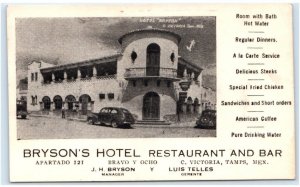 CIUDAD VICTORIA,  Mexico~ Roadside  BRYSON'S HOTEL & BAR  c1940s Cars Postcard