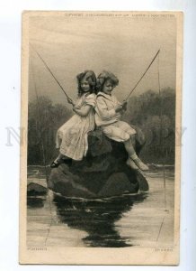 234984 FISHING Kids on Stone Vintage Photo Collage postcard