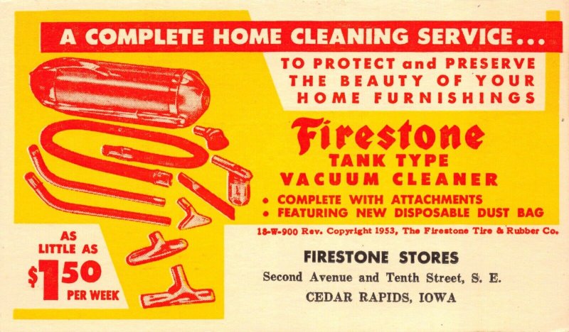 Advertising PC Firestone Tank Type Vacuum Cleaner Cedar Rapids, Iowa~124332