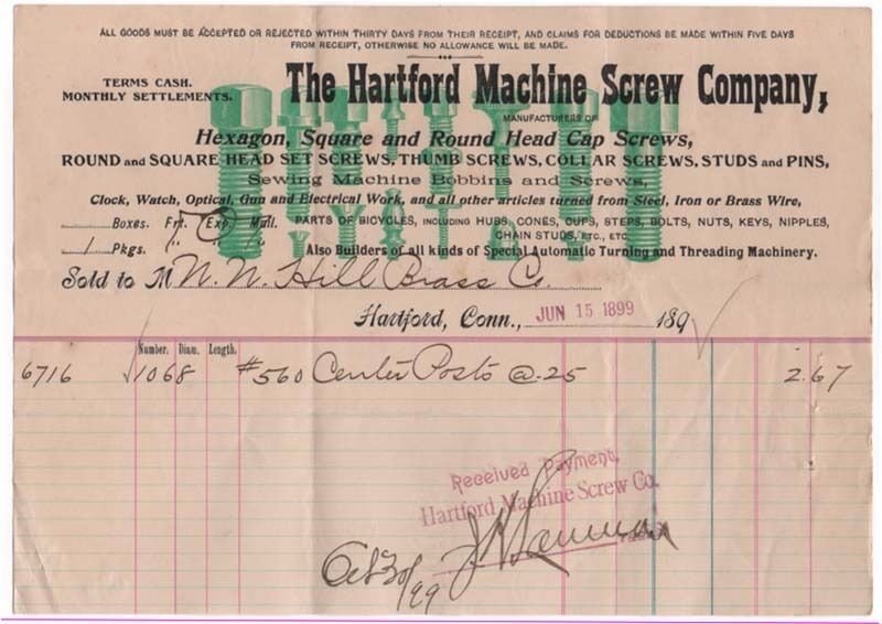 1899 Billhead, THE HARTFORD MACHINE SCREW COMPANY, Hartford, Connecticut 