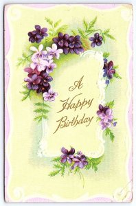 1910 Happy Birthday Purple Flower Petals In Framed Design, Vintage Postcard