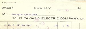 1911 ILION NY UTICA GAS AND ELECTRIC COMPANY REMINGTON CYCLE CLUB BILLHEAD Z4651