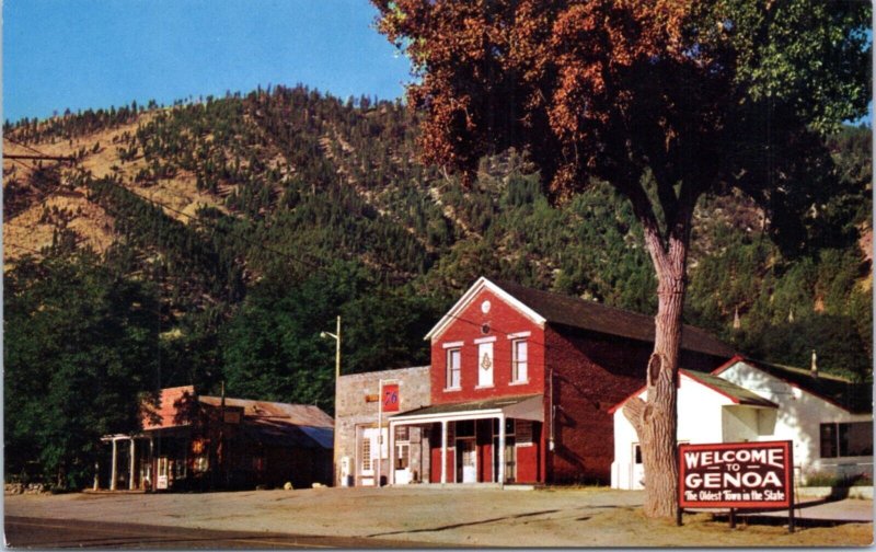 Postcard NV Genoa - Welcome to Genoa sign with gas station Union 76