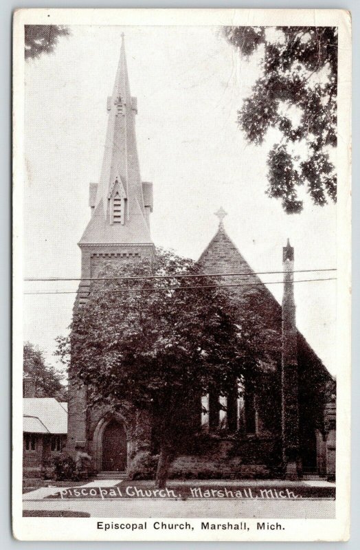 Marshall Michigan~Tree Partially Obscures Episcopal Church~Nice Steeple~1920s  