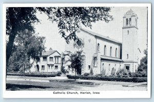 Harlan Iowa IA Postcard Catholic Church Street Trees Exterior Scene Vintage