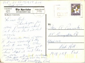 CONTINENTAL SIZE POSTCARD McMASTER UNIVERSITY HAMILTON ONTARIO CANADA (faults)