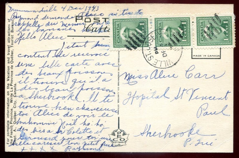 dc1894 - DRUMMONDVILLE Quebec Postcard 1943 Hotel Manoir