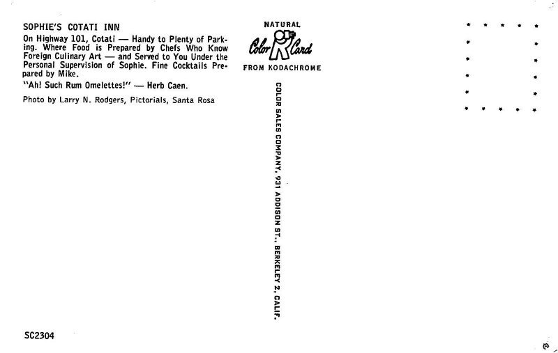 SOPHIE'S COTATI INN Hwy 101 Cotati, CA Restaurant Sonoma County 1950s Postcard