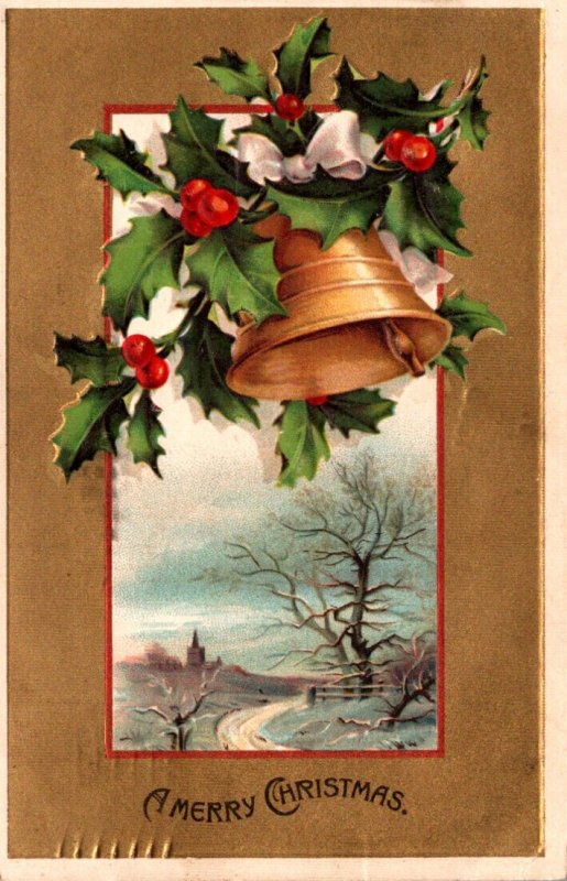 Christmas With Gold Bells and Holly 1908