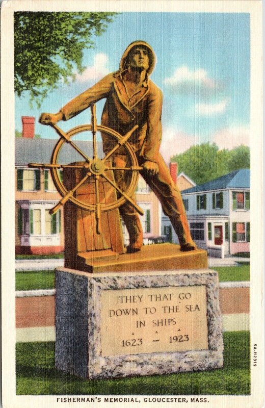 Fishermans Memorial Gloucester Massachusetts MA Statue Monument Linen Postcard 