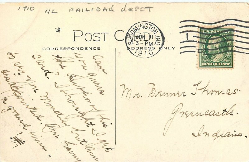 1910 Bloomington Indiana Indianapolis Depot occupation Postcard 25-12046