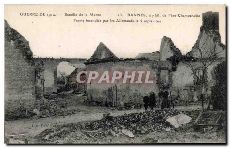 Old Postcard From War Battle of the Marne Bannes Fere Champenoise Farm burned...