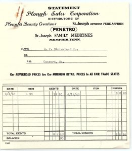 1940 PLOUGH SALES CO MEMPHIS TN ST JOSEPH ASPRIN MEDICINE INVOICE BILLHEAD Z819