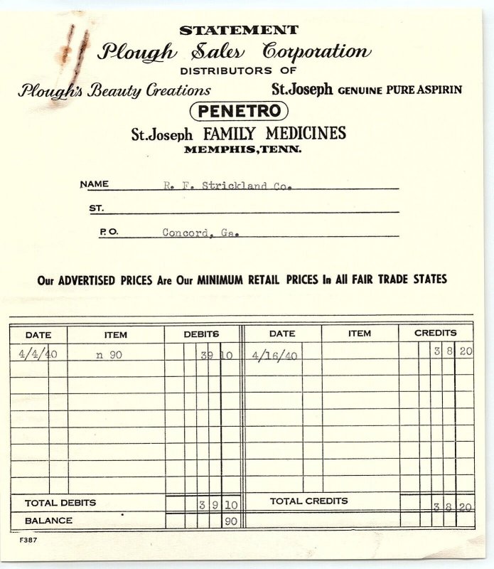 1940 PLOUGH SALES CO MEMPHIS TN ST JOSEPH ASPRIN MEDICINE INVOICE BILLHEAD Z819