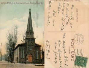BURLINGTON N.J. FIRST BAPTIST CHURCH BROAD & STACEY STREET 1909 ANTIQUE POSTCARD