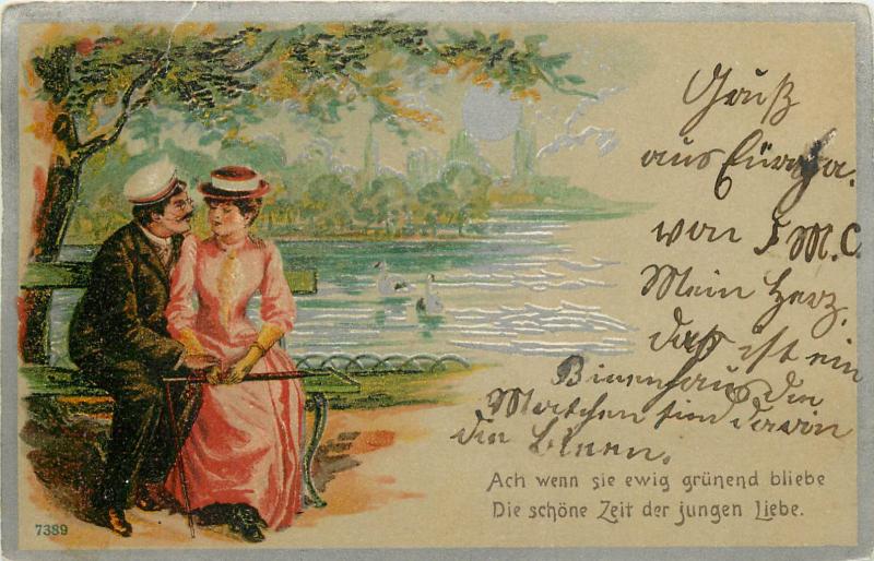 Switzerland 1900 chromo litho postcard Elgg cancel UPU stamp couple lovers
