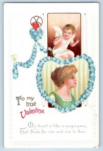 Valentine Postcard Cupid Angel Pretty Woman In Floral Heart Clapsaddle c1910's