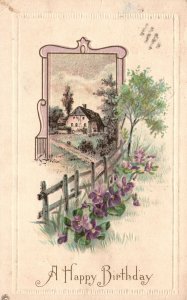 A Happy Birthday, Cottage Landscape Fence & Flowers Embossed, Vintage Postcard