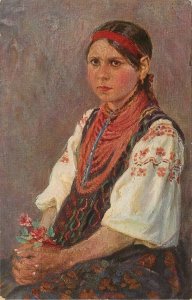 c1910 Art Postcard Young Russian Woman in Native Dress, Reverie by Vladimirskij