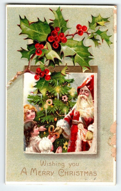 Santa Claus Christmas Postcard Long Robe Old World Children Tree Germany