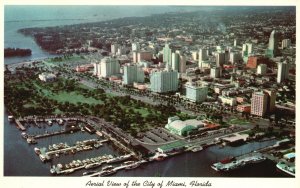 Vintage Postcard Aerial View Of City Buildings Harbor Boat Dock Miami Florida FL