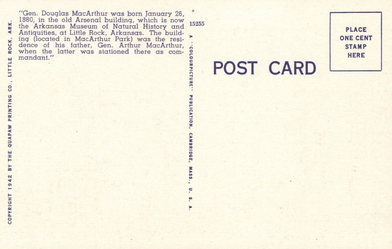 Vintage Postcard 1930's Old Arsenal Gen. Douglas MacArthur Birthplace Arkansas