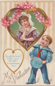 VALENTINE'S DAY Love Holiday Postcard 1912 Boy Sailor Girl Heart Flowers 306