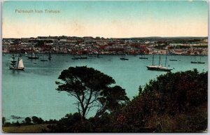 Falmouth from Trefuses England Boats Ships Trees Buildings Across Postcard