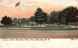 Vintage Postcard 1909 Scene Fort Hamilton Park Flag Pole Fort Hamilton New York