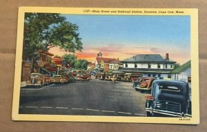 .01 LINEN POSTCARD 1951 USED - MAIN ST & RAILROAD STA., HYANNIS, CAPE COD, MASS.