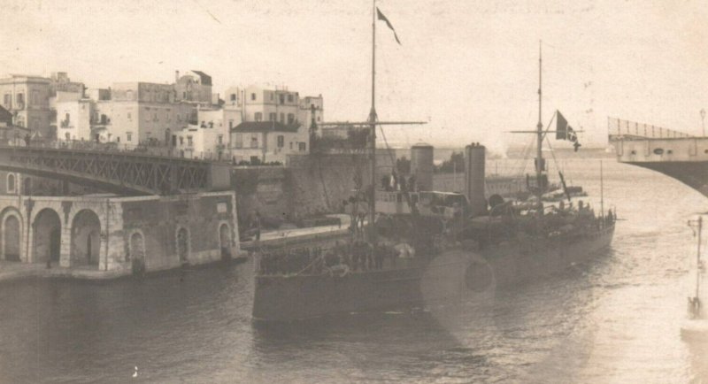 Italian Navy Cruiser Entering Port at Taranto - c1910s RPPC