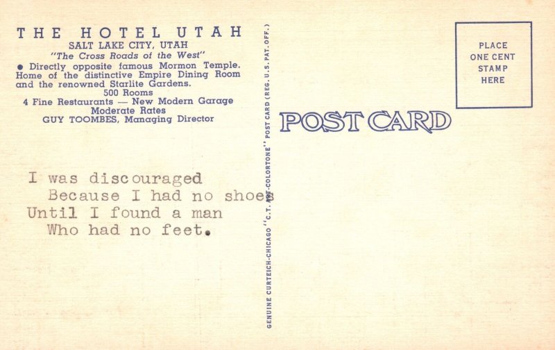 Vintage Postcard Hotel Utah Fine Restaurants Modern Garage Salt Lake City Utah